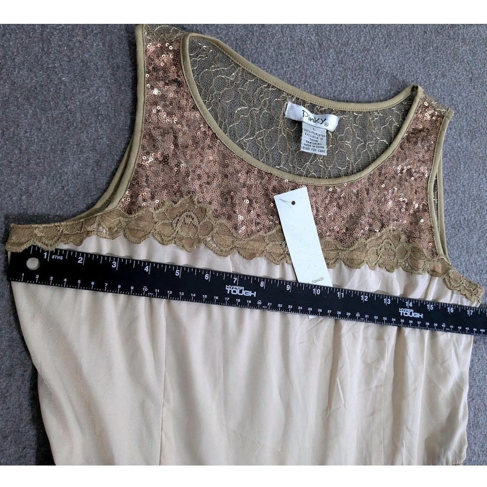Pinky Womens Gold Sequin Lace‎ Mesh L Fit Flare  Party Dress Cream Bronze NWT - Picture 6 of 8